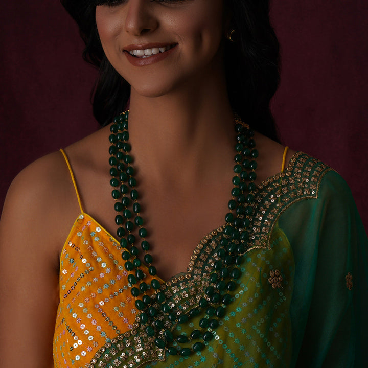 Long Layered Green Neckpiece with Kundan Studs | SHOBITAM