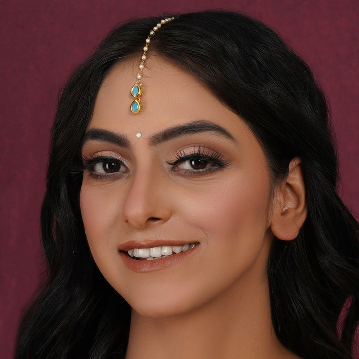 Women's Kundan Blue Stone Maang Tikka | SHOBITAM