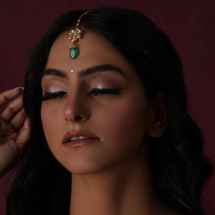 Women's Kundan Maang Tikka with Green Drop | SHOBITAM