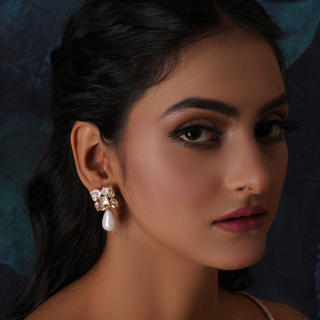 Kundan Studs with Pearl Drop | SHOBITAM