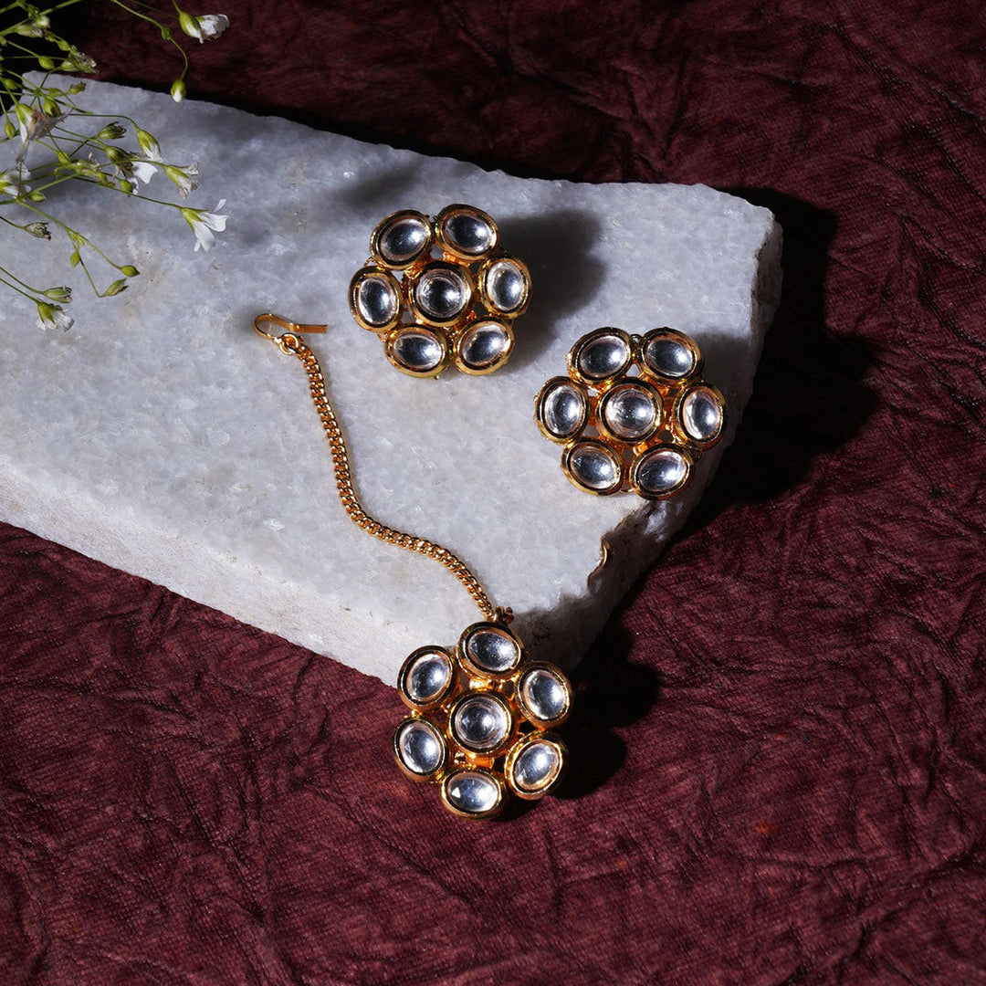 Kundan Round Maang Tikka with Studs | SHOBITAM
