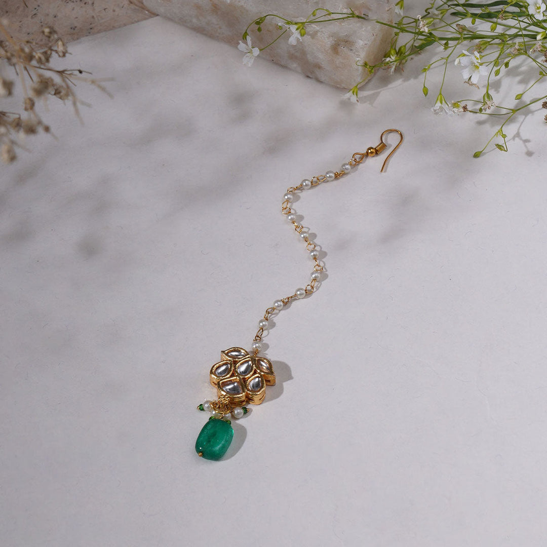 Women's Kundan Maang Tikka with Green Drop | SHOBITAM