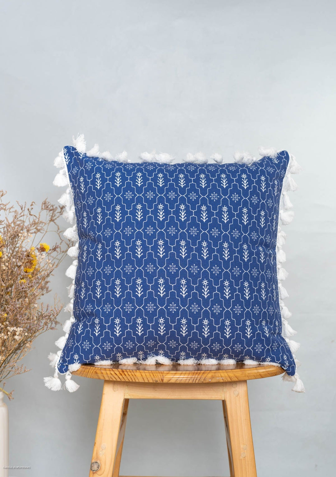 Meadows Indigo Geometric Cushion Cover for Sofa with Tassel – 100% Cotton | SHOBITAM