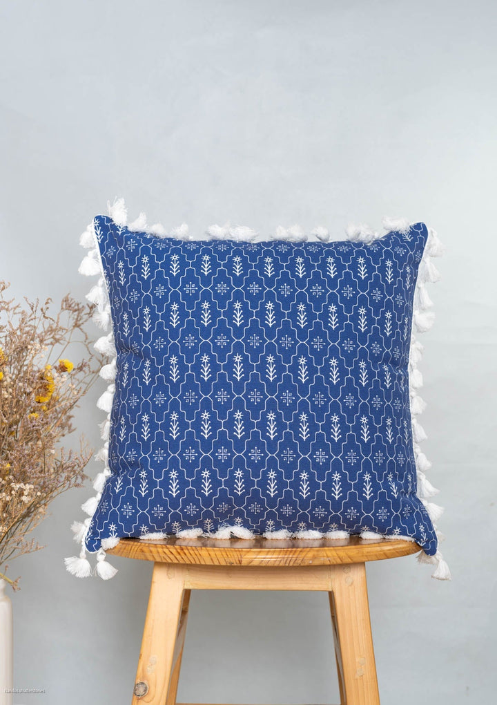 Meadows Indigo Geometric Cushion Cover for Sofa with Tassel – 100% Cotton | SHOBITAM