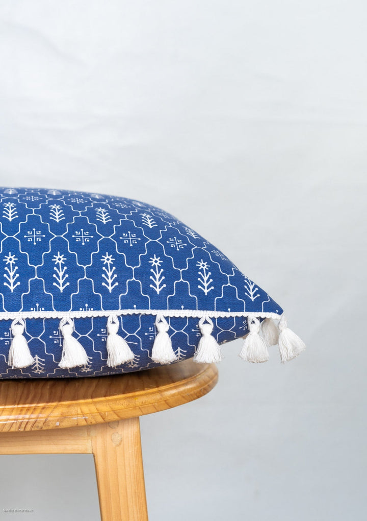 Meadows Indigo Geometric Cushion Cover for Sofa with Tassel – 100% Cotton | SHOBITAM