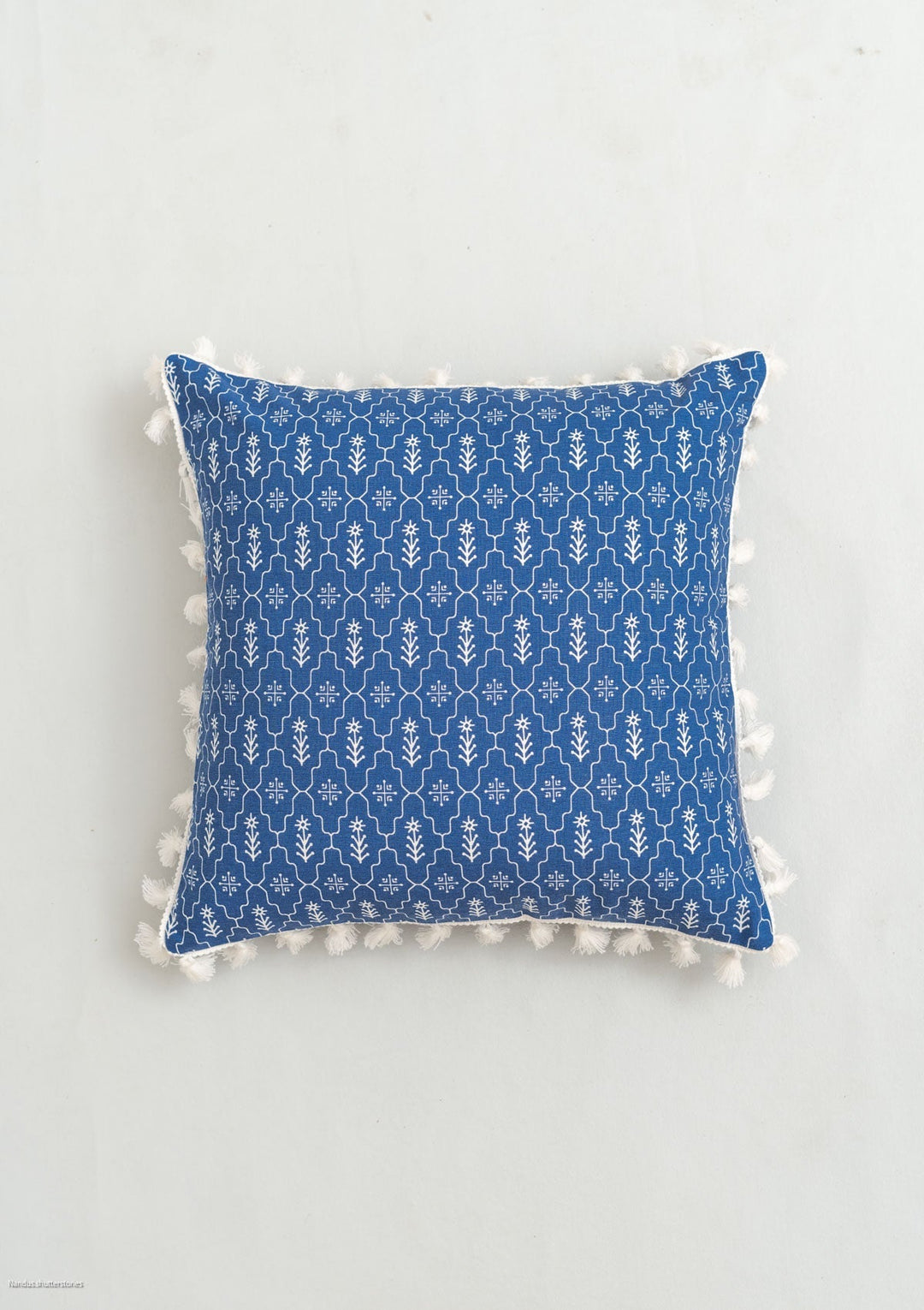 Meadows Indigo Geometric Cushion Cover for Sofa with Tassel – 100% Cotton | SHOBITAM