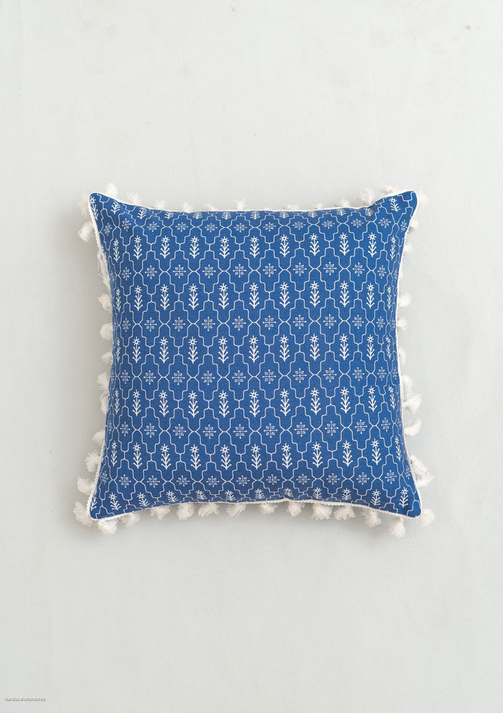 Meadows Indigo Geometric Cushion Cover for Sofa with Tassel – 100% Cotton | SHOBITAM
