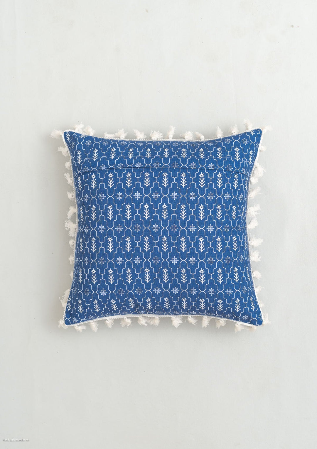 Meadows Indigo Geometric Cushion Cover for Sofa with Tassel – 100% Cotton | SHOBITAM