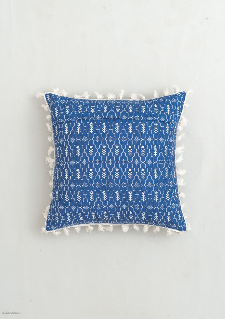Meadows Indigo Geometric Cushion Cover for Sofa with Tassel – 100% Cotton | SHOBITAM