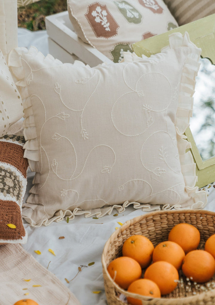 Medley Minimal Embroidered Cream Cushion Cover for Sofa– 100% Cotton 16" x 16" | SHOBITAM