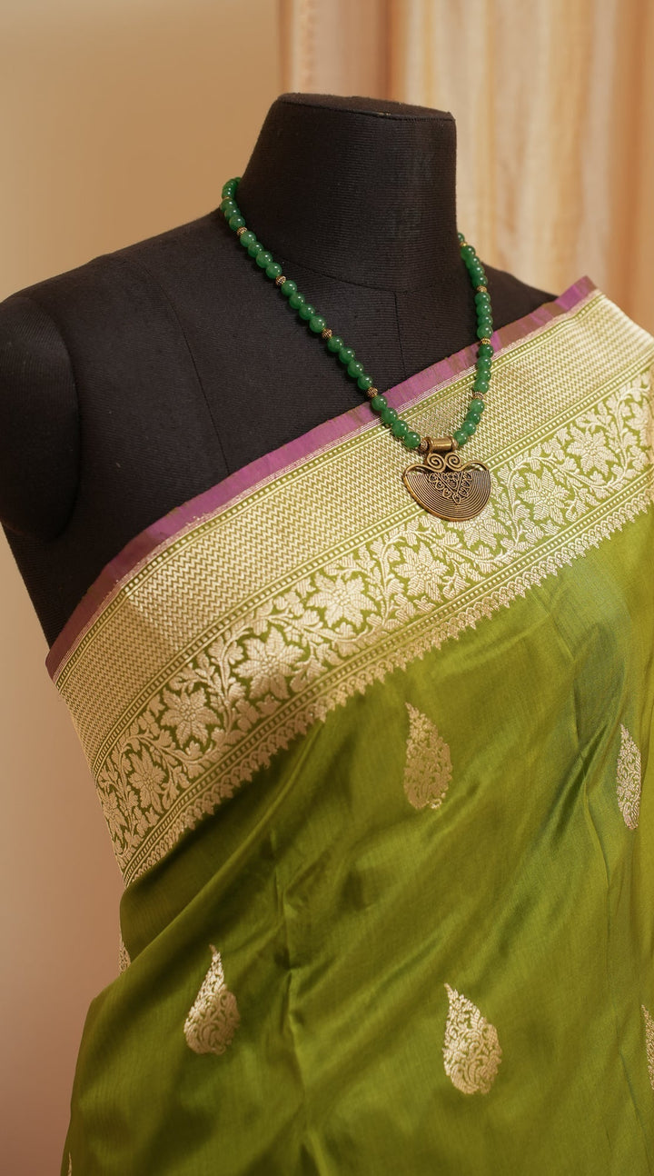 Mint Green Banarasi Silk Saree Minar | SILK MARK CERTIFIED | SHOBITAM