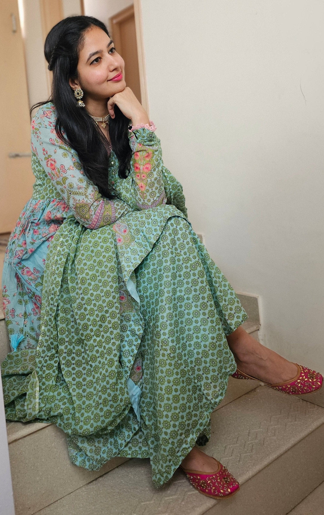 APARAJITA Green Sharara Cotton Embroidered and Mirrorwork Kurta Set Of 3
