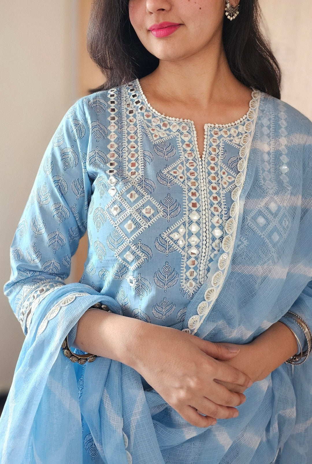 NARGIS Blue Embroidered Mirrorwork Cotton Kurta Set Of 3