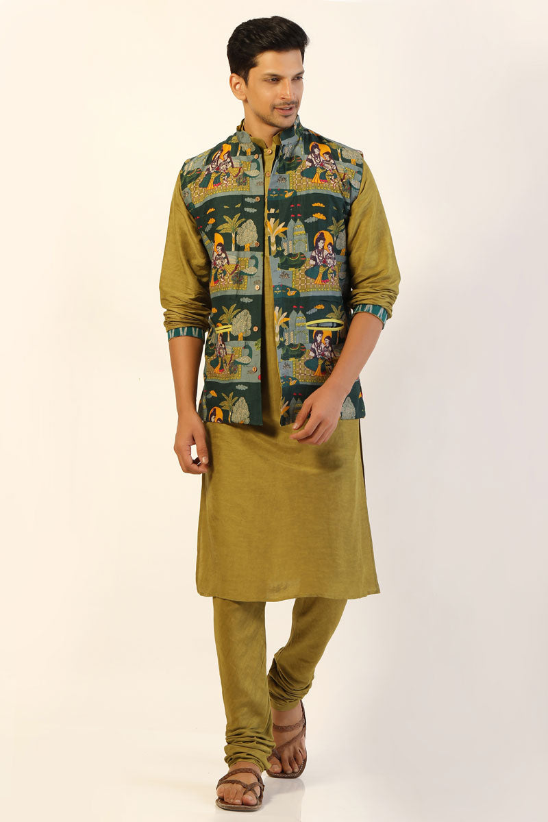 Sage green set of - 3 ( kurta + churidar + jacket ) | SHOBITAM