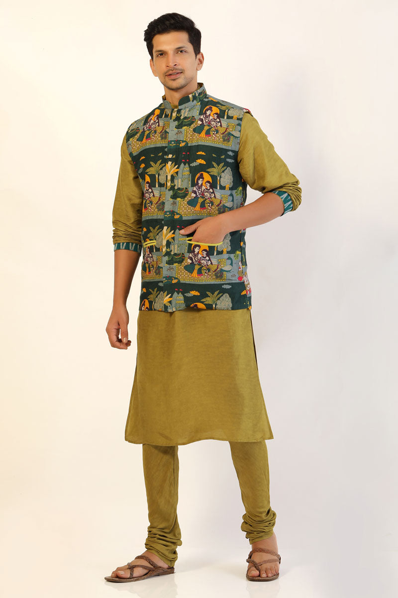 Sage green set of - 3 ( kurta + churidar + jacket ) | SHOBITAM