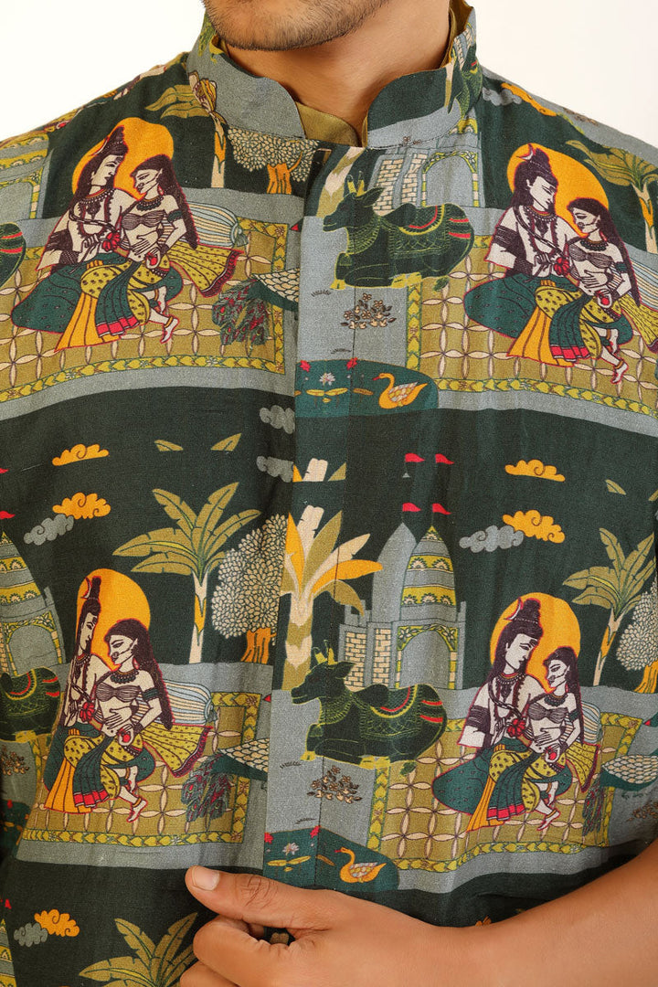 Sage green set of - 3 ( kurta + churidar + jacket ) | SHOBITAM