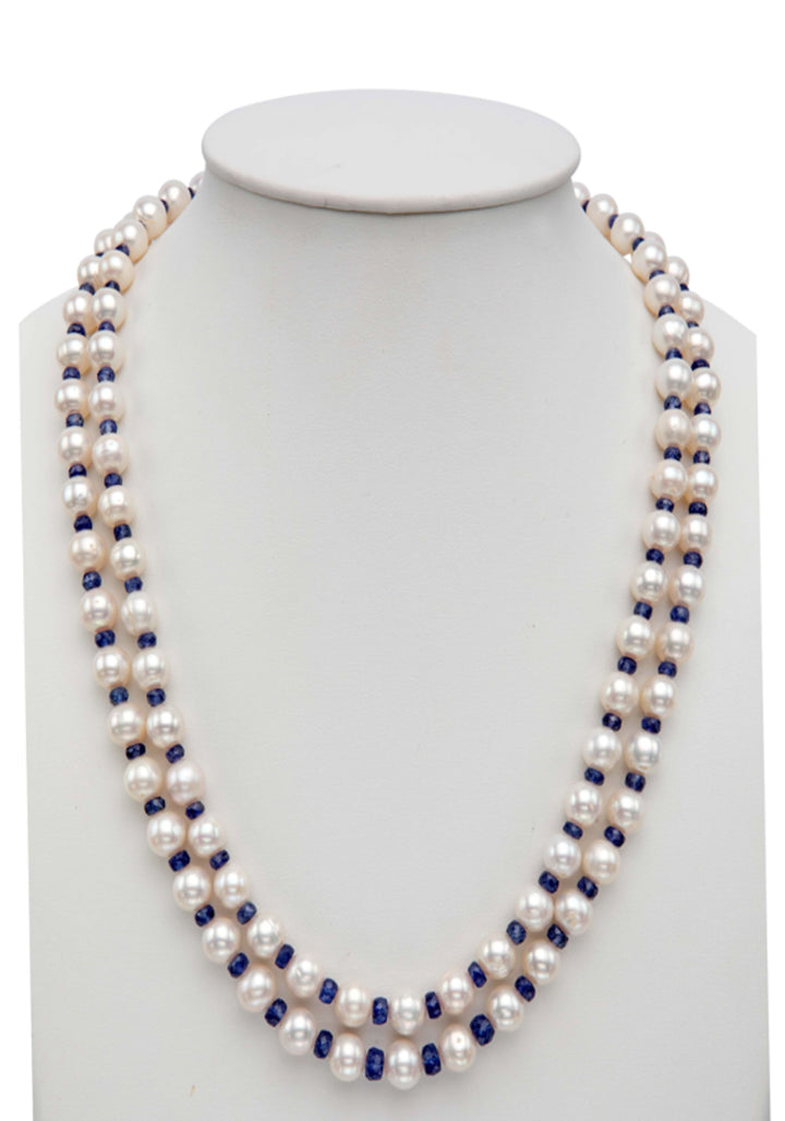 2 Strand Pearls And Real Sapphire Necklace and earrings Set