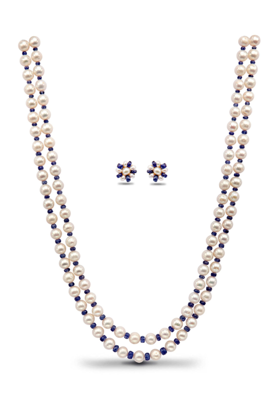 2 Strand Pearls And Real Sapphire Necklace and earrings Set
