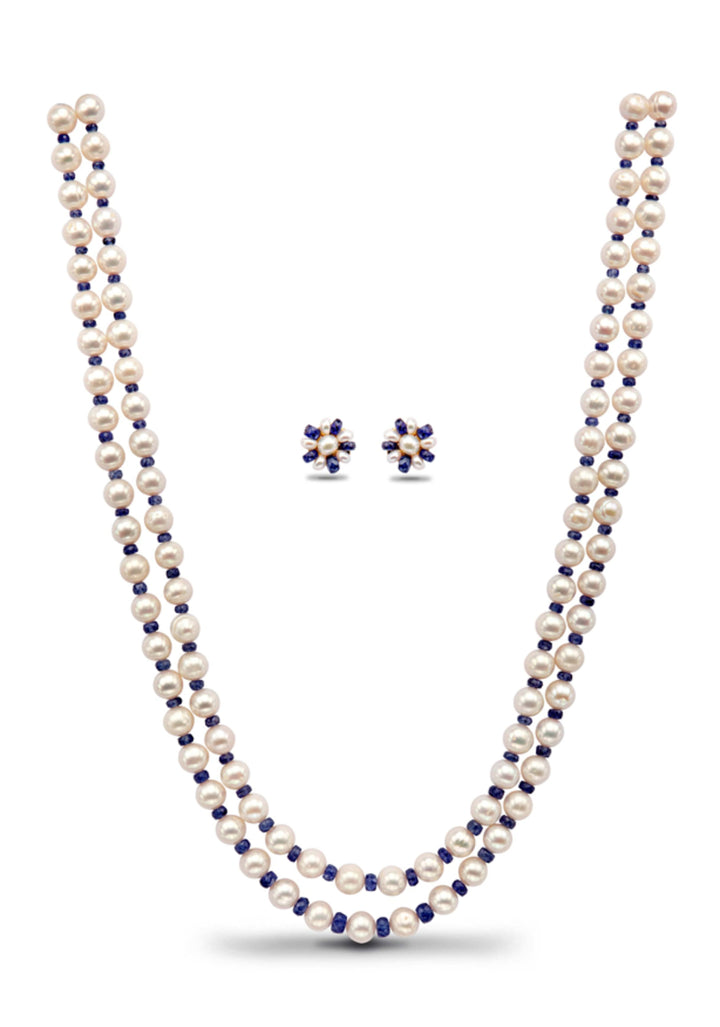2 Strand Pearls And Real Sapphire Necklace and earrings Set