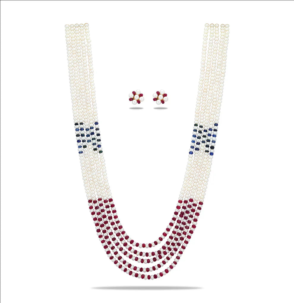 Natural Mix Ruby & Sapphire 3.0-4.0mm Button Freshwater Pearl Necklace Set - AAA Quality