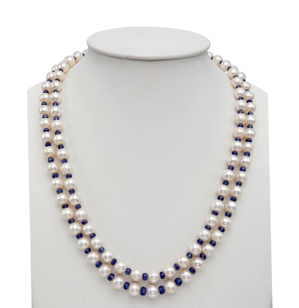 Natural Blue Sapphire And 6.0-7.0mm Near Round Freshwater Pearl Necklace Set - AA Quality