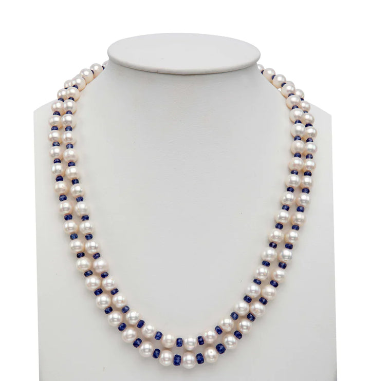 Natural Blue Sapphire And 6.0-7.0mm Near Round Freshwater Pearl Necklace Set - AA Quality