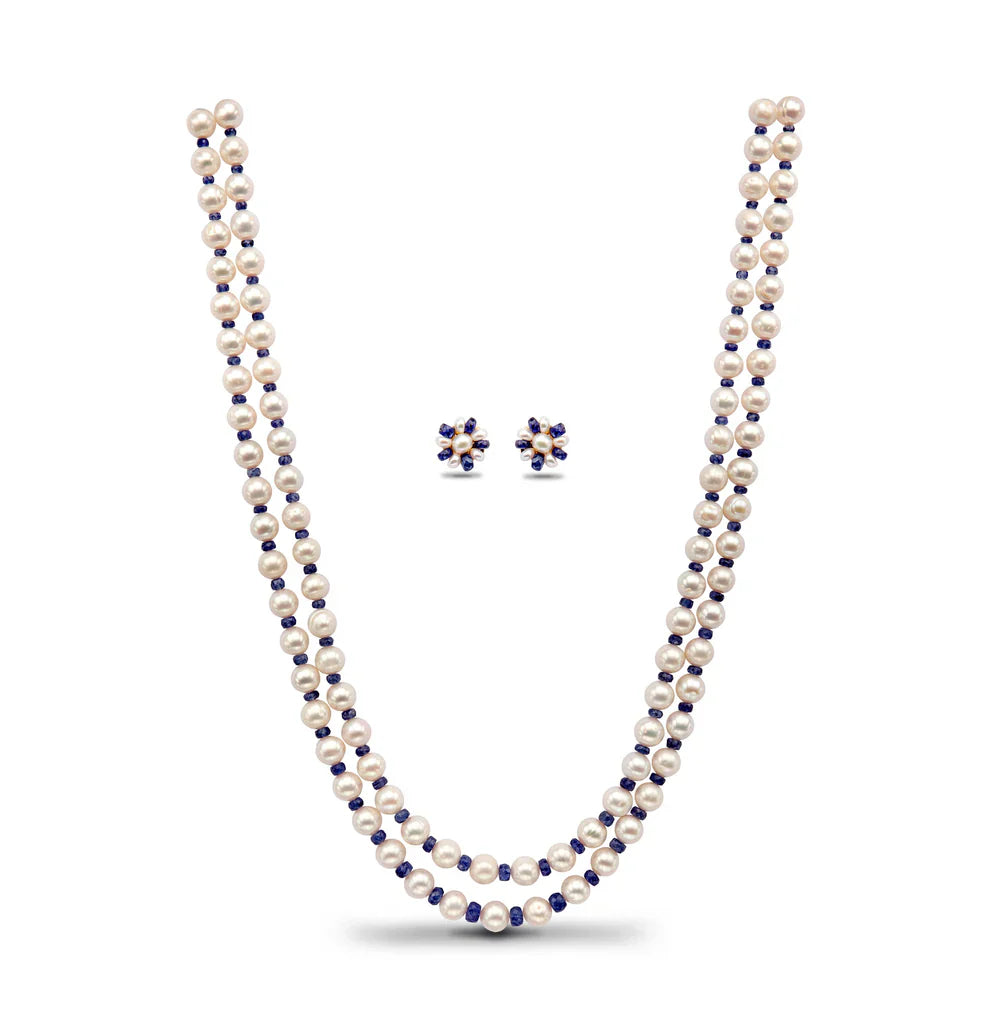 Natural Blue Sapphire And 6.0-7.0mm Near Round Freshwater Pearl Necklace Set - AA Quality