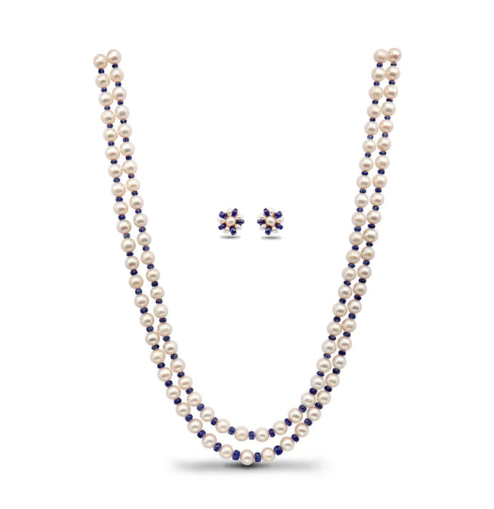 Natural Blue Sapphire And 6.0-7.0mm Near Round Freshwater Pearl Necklace Set - AA Quality