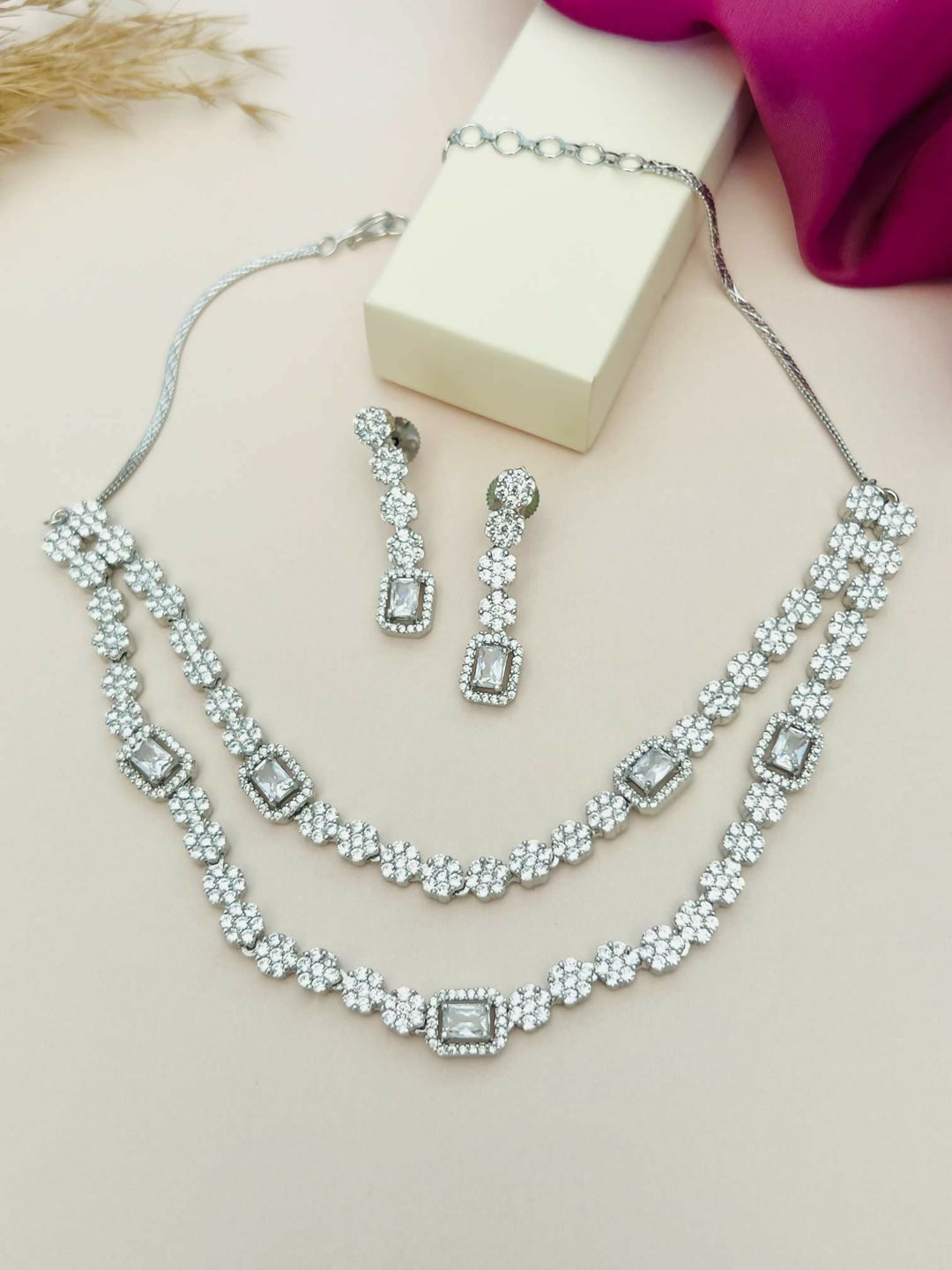 Silver Plated American Diamond Double Layer Necklace | SHOBITAM