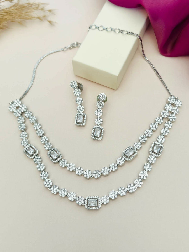 Silver Plated American Diamond Double Layer Necklace | SHOBITAM