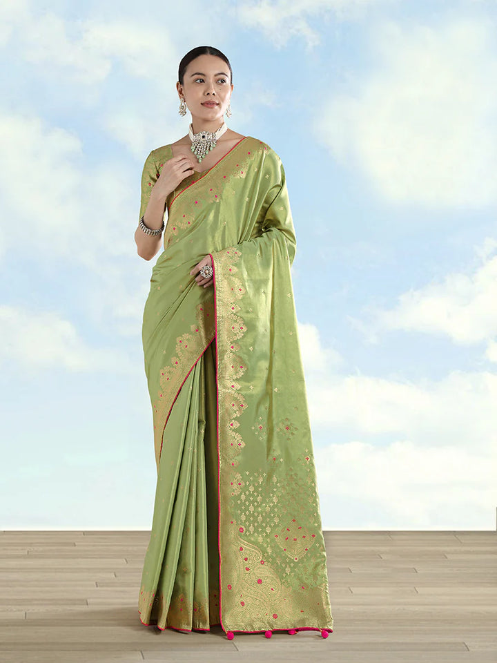 Parrot Green Color Paisley Zari Woven Semi Banarasi Tissue Silk Saree | SHOBITAM