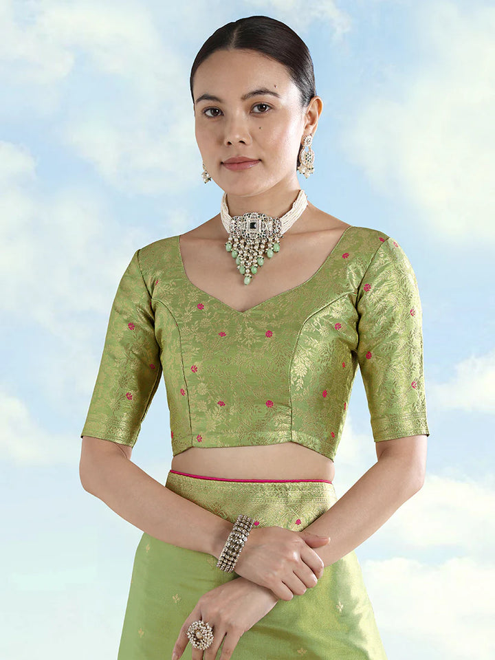 Parrot Green Color Paisley Zari Woven Semi Banarasi Tissue Silk Saree | SHOBITAM