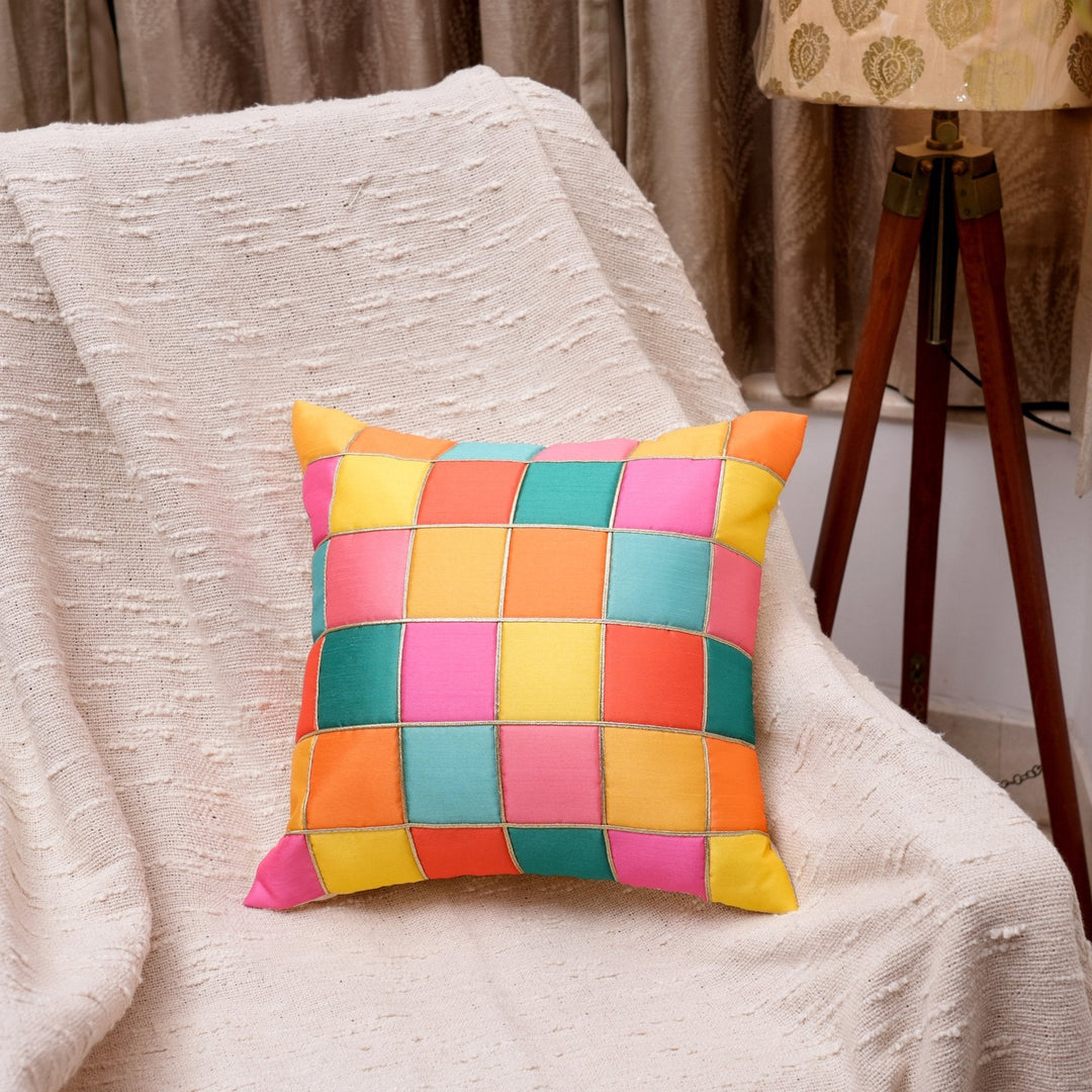 Multicolour Mosaic Tiles Pink Yellow Green Color Cushion Cover, Pack of 2, 16" x 16"-SHOBITAM