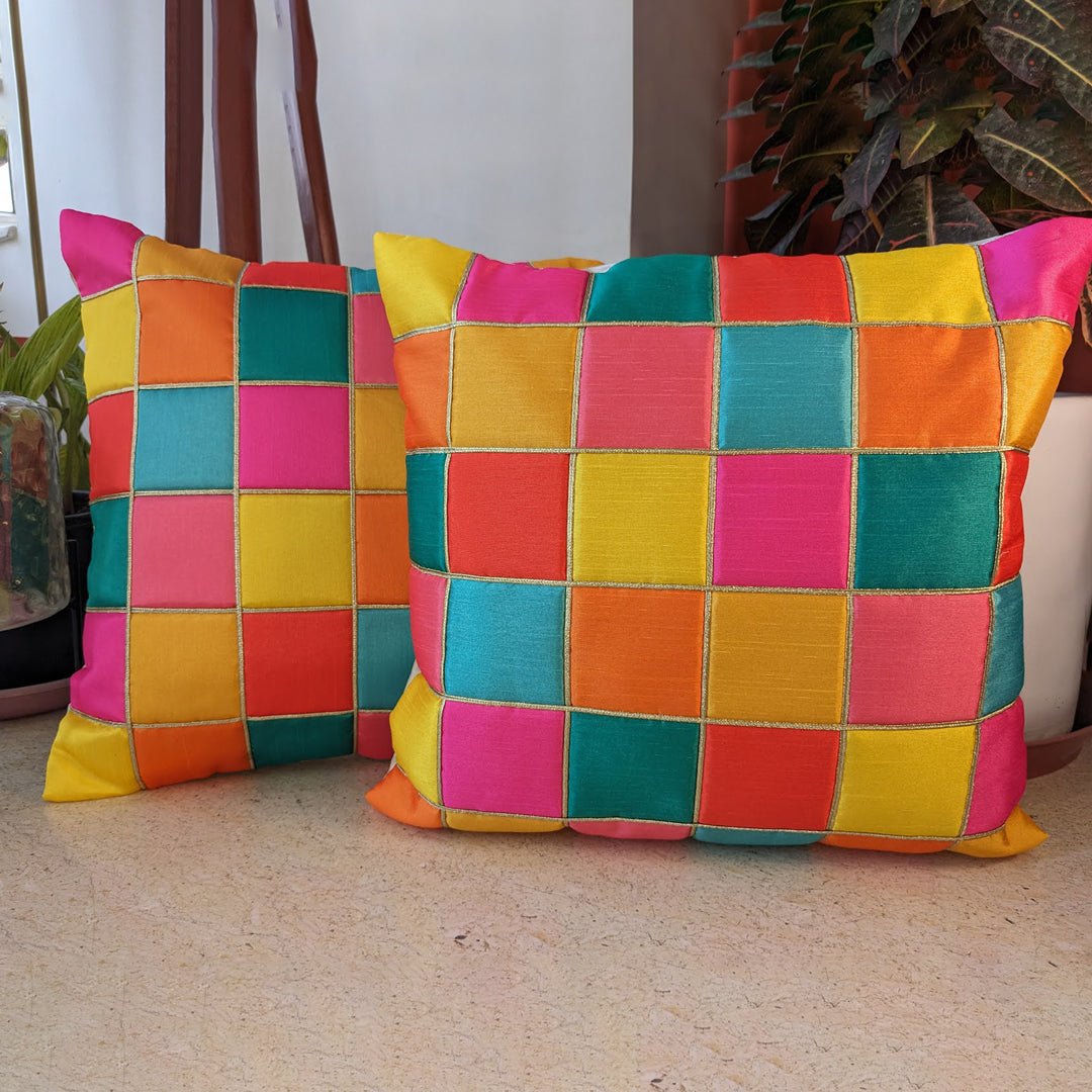 Multicolour Mosaic Tiles Pink Yellow Green Color Cushion Cover, Pack of 2, 16" x 16"-SHOBITAM