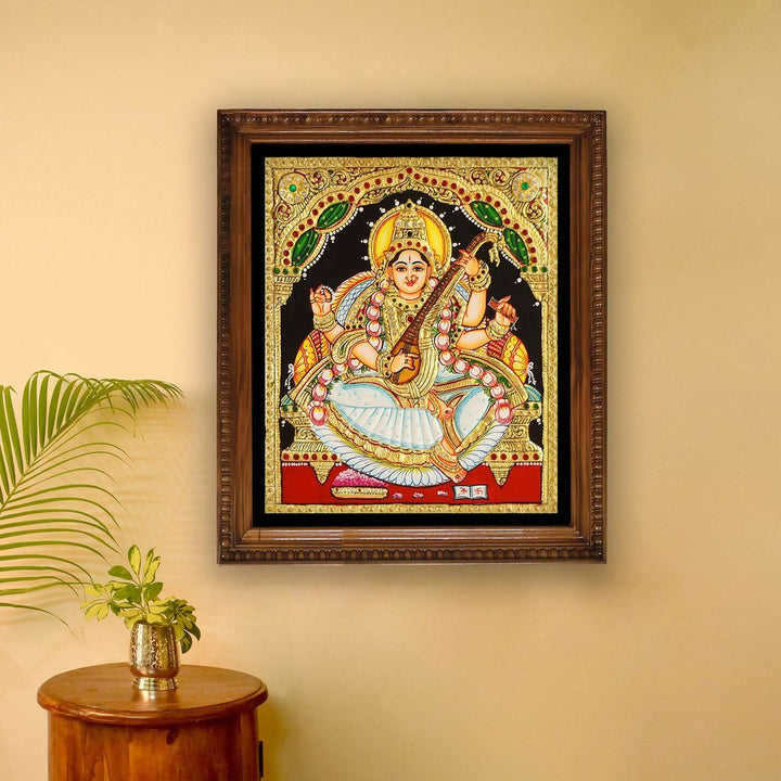 12x10" Tanjore Painting Saraswathi  Authentic With 22 Ct gold Foil and Jaipur Gemstones ,Unframed | SHOBITAM