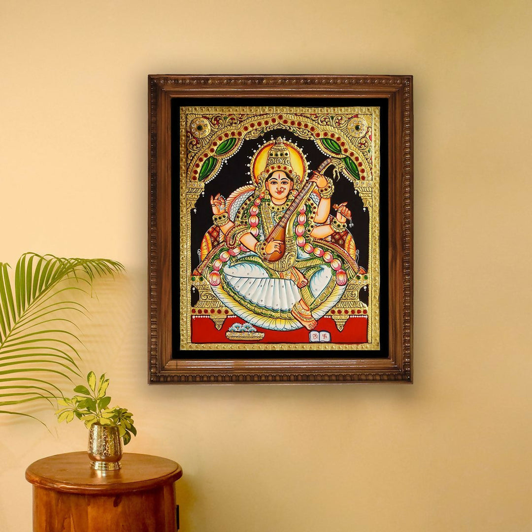 10*12 Authentic TANJORE PAINTING SARASWATHI With 22 Ct gold Foil and Jaipur Gemstones,Unframed | SHOBITAM