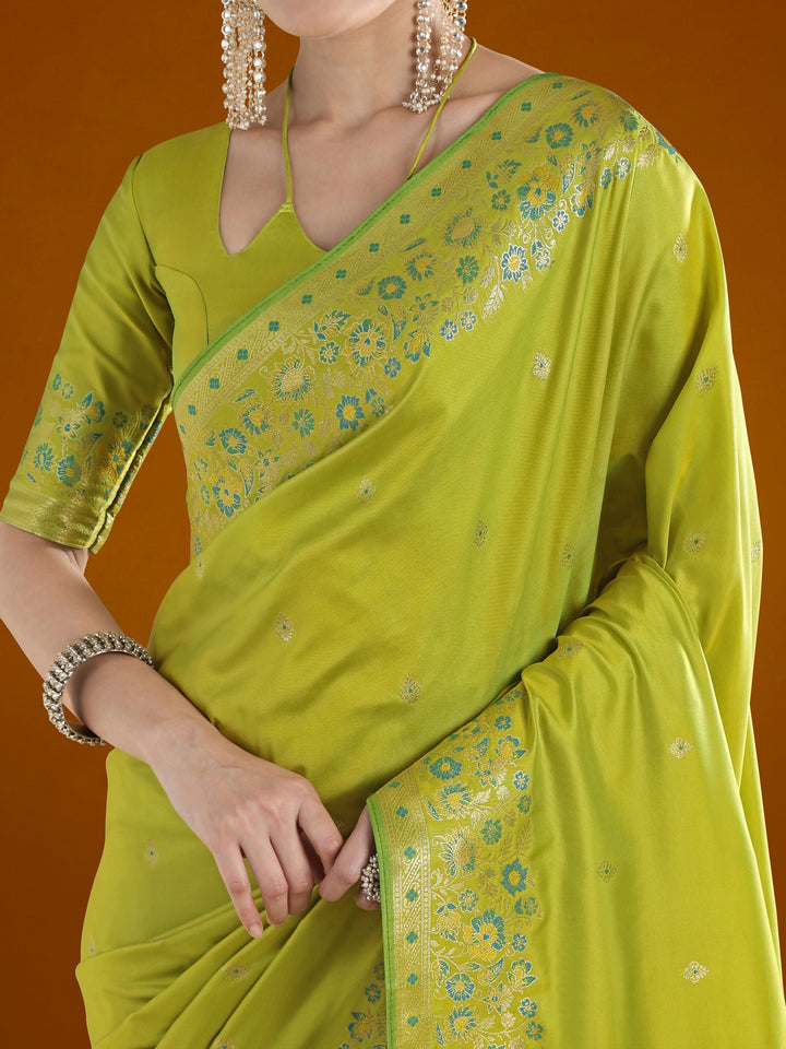 Pear Semi Banarasi Satin silk Saree With Zari Border And Butti Work | SHOBITAM