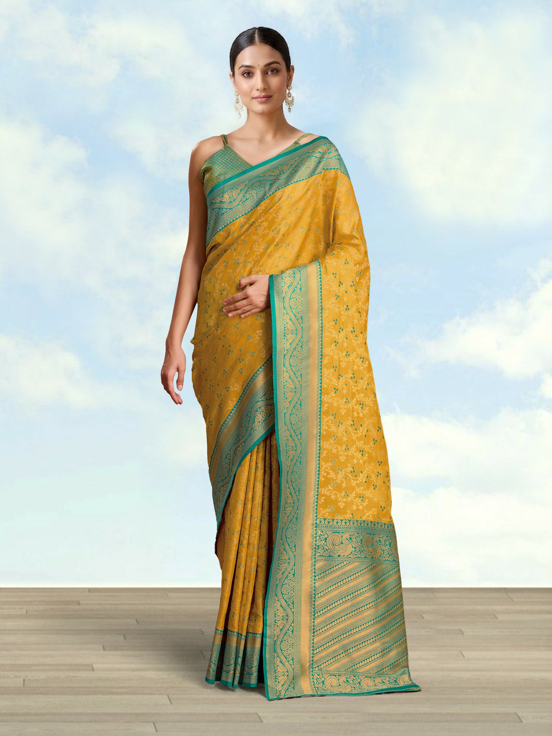 Mustard Color Zari Woven Faux Banarasi Tissue Silk Saree | SHOBITAM