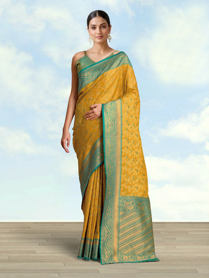 Mustard Color Zari Woven Faux Banarasi Tissue Silk Saree | SHOBITAM
