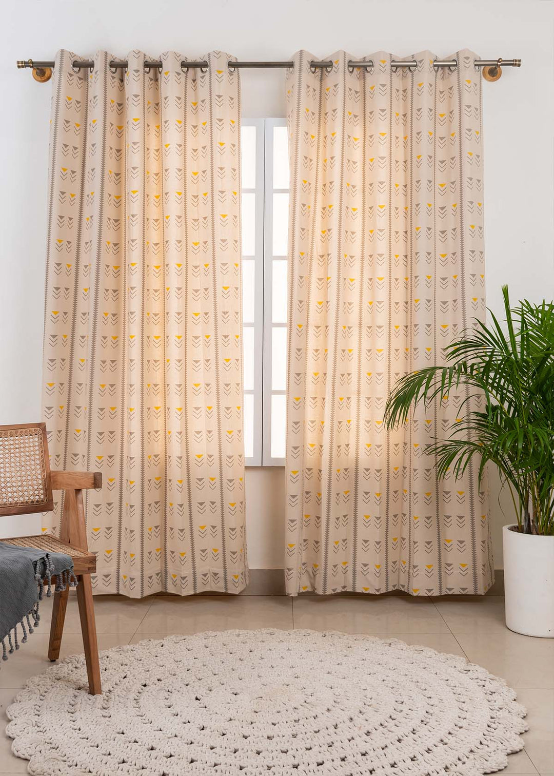 Mudline Printed 100% cotton ethnic curtain for living room - Room darkening - Mustard - Single Piece | SHOBITAM