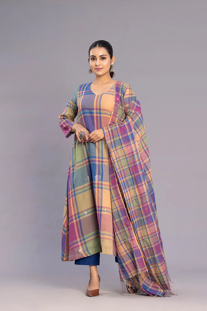 Handloom Multicolour Shalpa Motifs Zari Jamdani Kurta Set with Dupatta | SHOBITAM