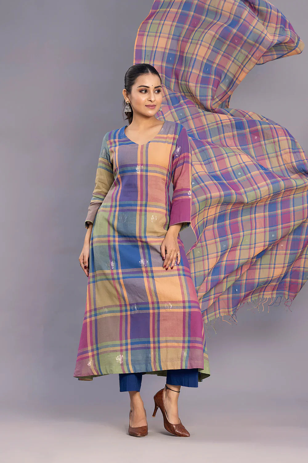 Handloom Multicolour Shalpa Motifs Zari Jamdani Kurta Set with Dupatta | SHOBITAM
