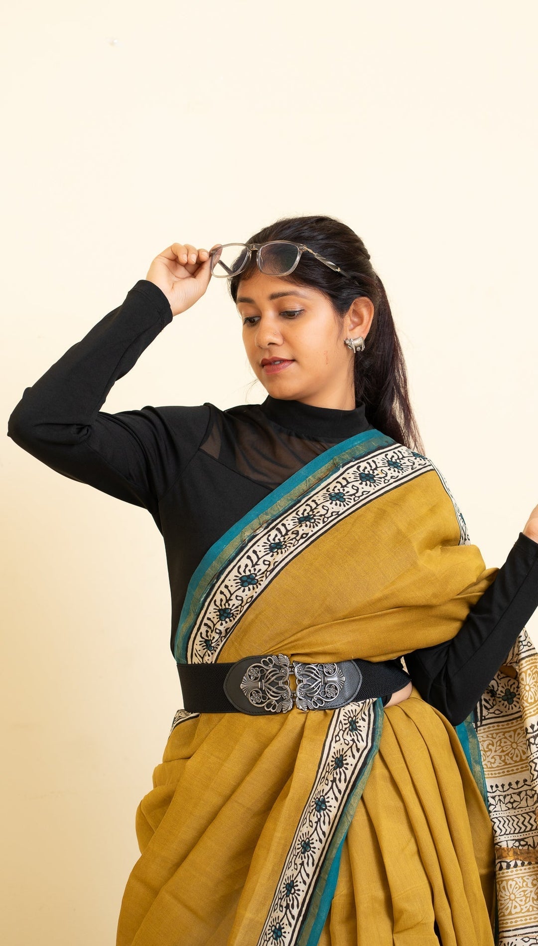 Mustard Bagru Handblock printed Chanderi Silk Cotton Saree Weekday Wonder | SHOBITAM