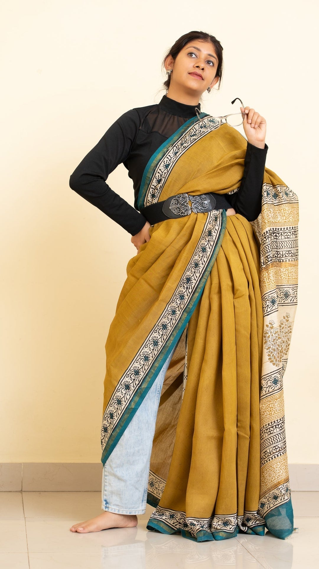 Mustard Bagru Handblock printed Chanderi Silk Cotton Saree Weekday Wonder | SHOBITAM