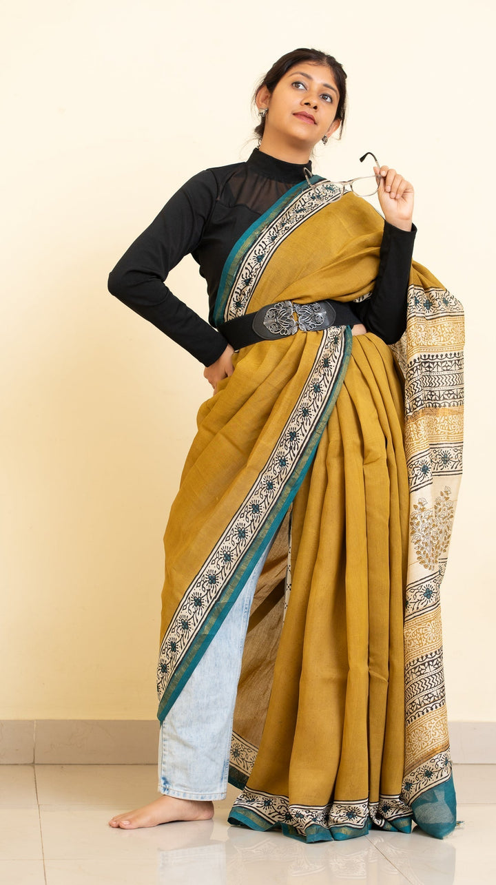 Mustard Bagru Handblock printed Chanderi Silk Cotton Saree Weekday Wonder | SHOBITAM