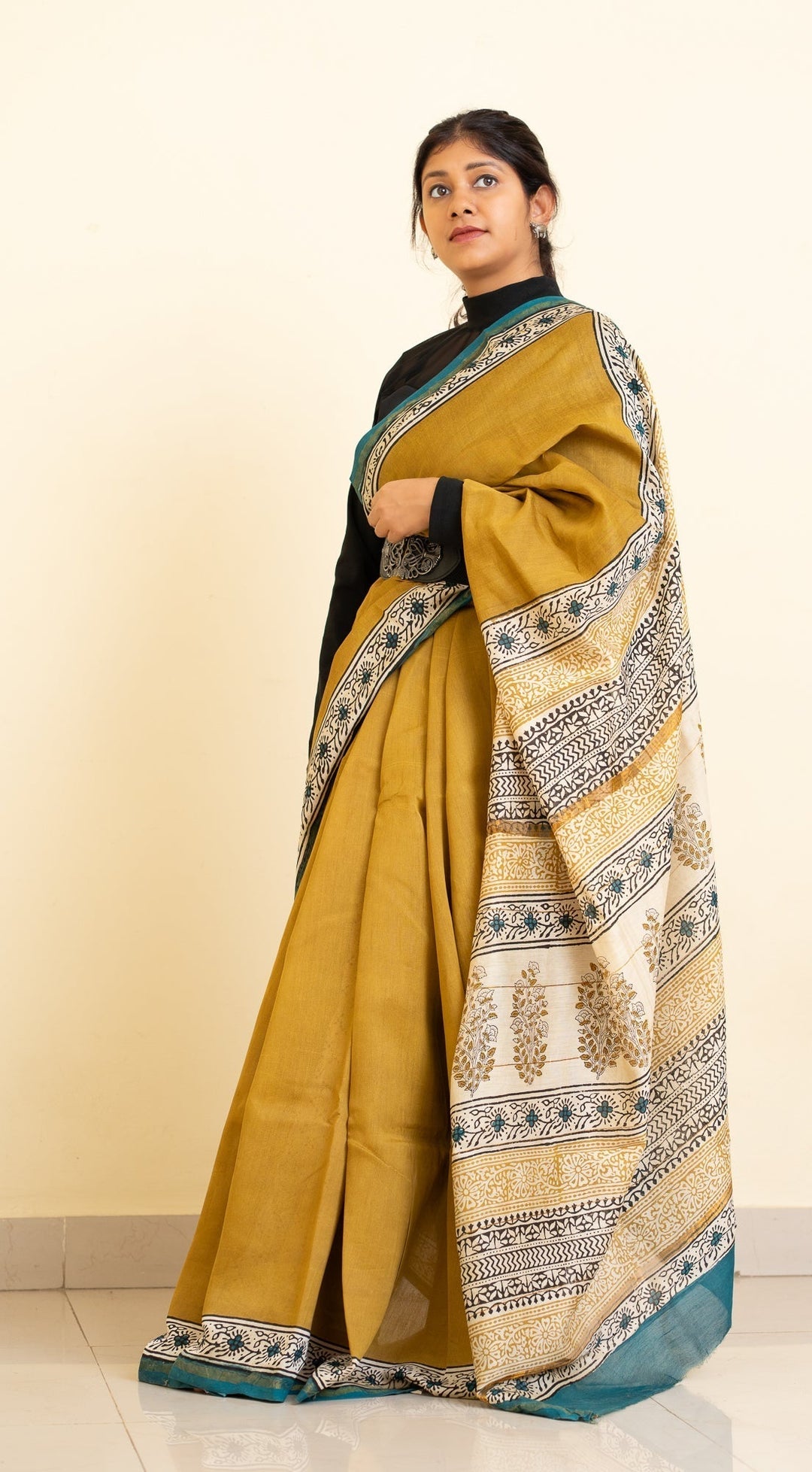 Mustard Bagru Handblock printed Chanderi Silk Cotton Saree Weekday Wonder | SHOBITAM