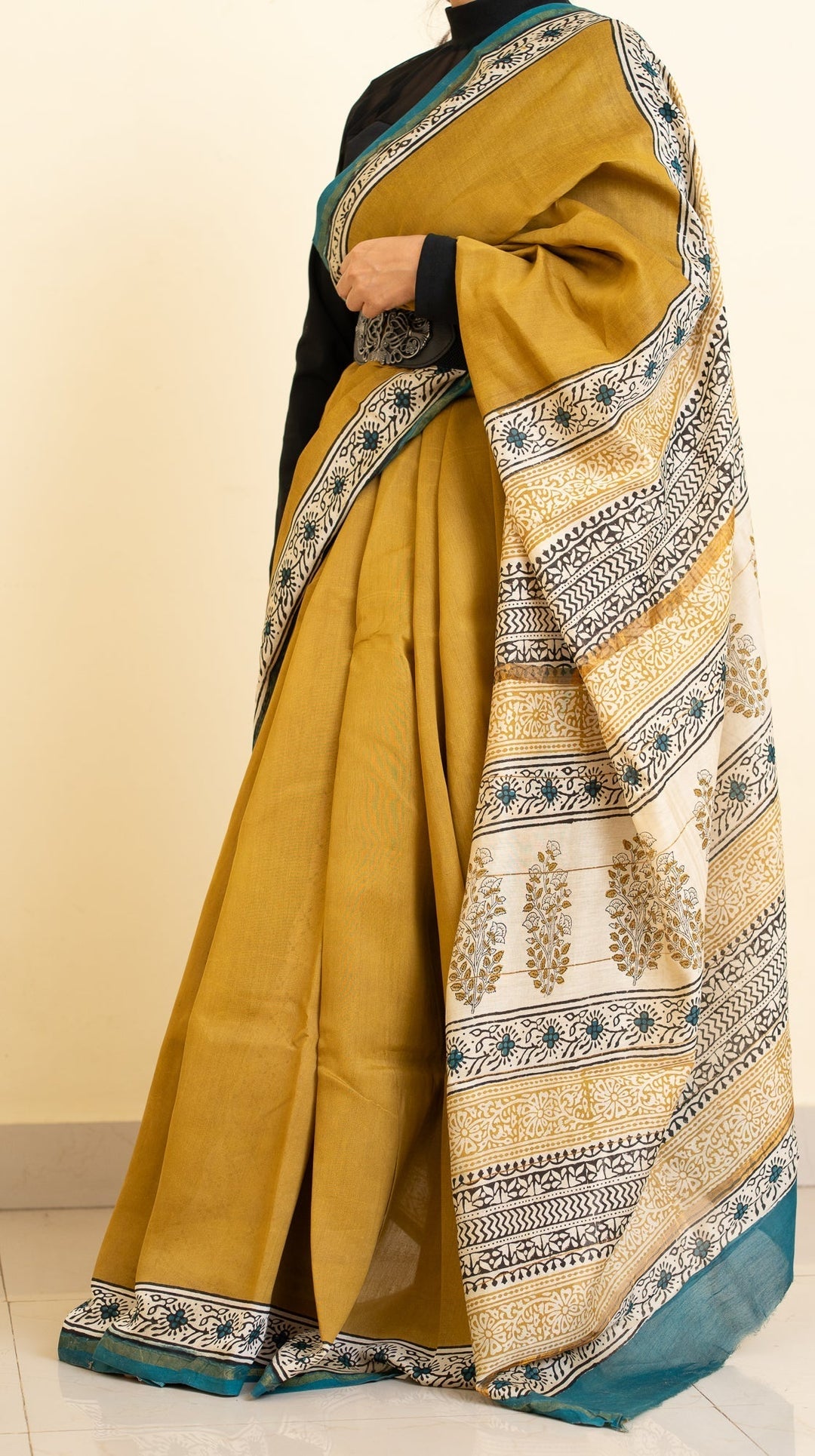 Mustard Bagru Handblock printed Chanderi Silk Cotton Saree Weekday Wonder | SHOBITAM
