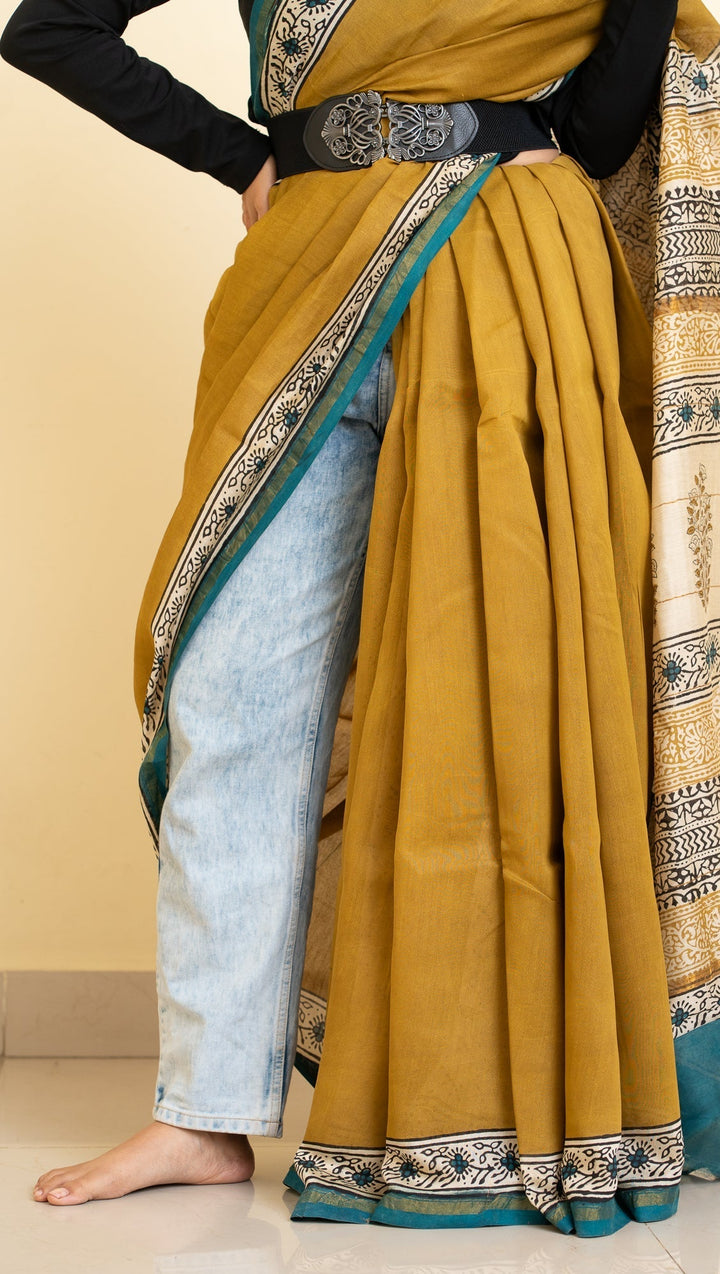 Mustard Bagru Handblock printed Chanderi Silk Cotton Saree Weekday Wonder | SHOBITAM