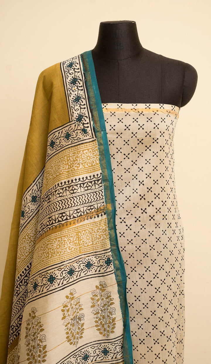 Mustard Bagru Handblock printed Chanderi Silk Cotton Saree Weekday Wonder | SHOBITAM