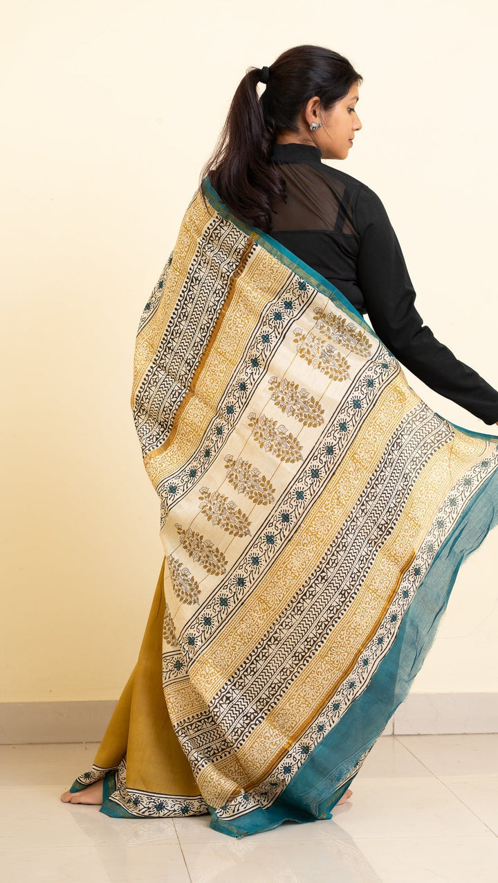 Mustard Bagru Handblock printed Chanderi Silk Cotton Saree Weekday Wonder | SHOBITAM